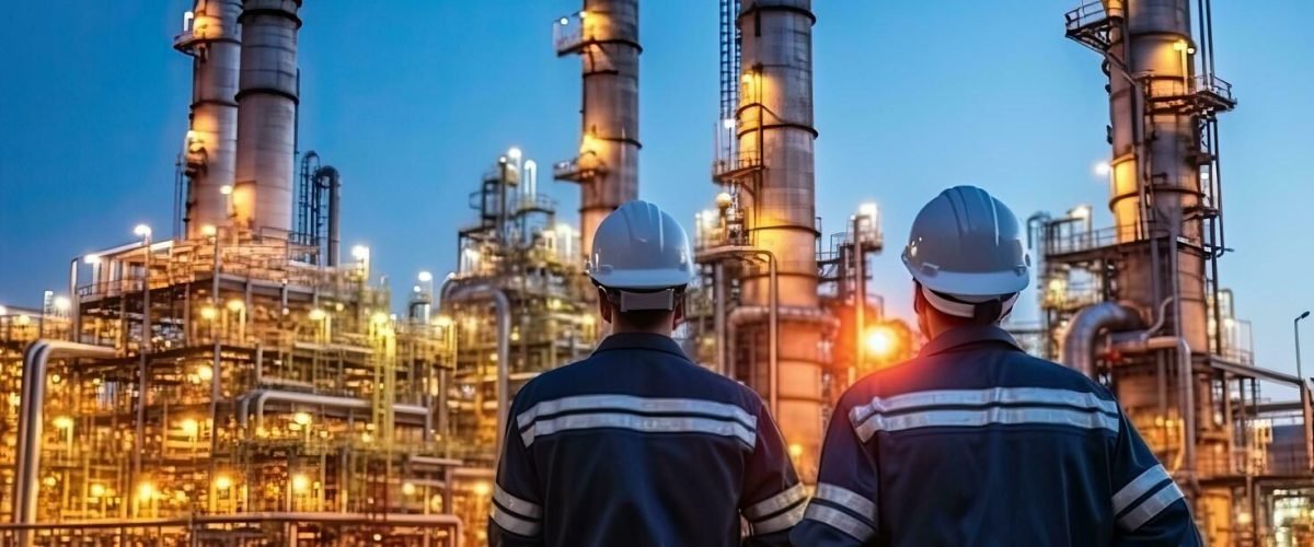 team-industry-engineer-are-working-and-discussing-at-front-oil-and-gas-industrial-factory-oil-refinery-plant-for-industry-drone-view-generative-ai-free-photo
